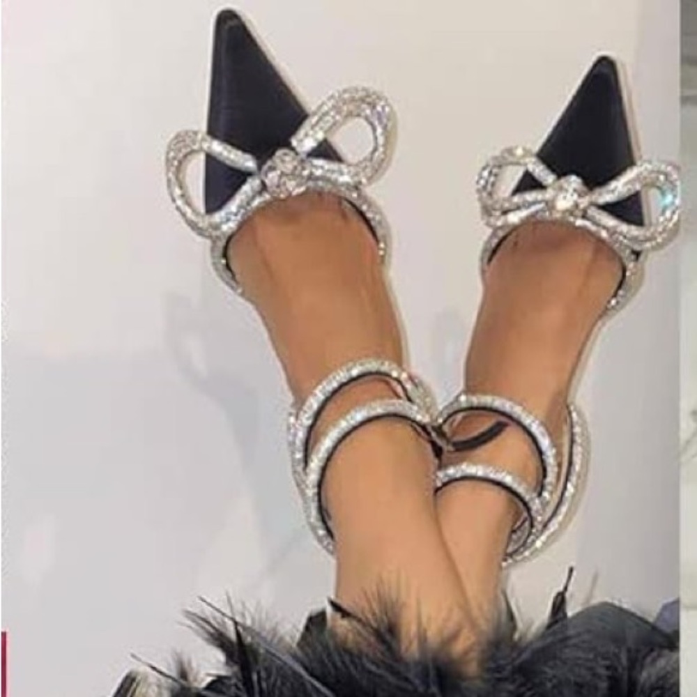 HAYIXIA Heel Sandals  Crystal Satin Point Toe Stiletto  with Ankle Strap SIZE 39